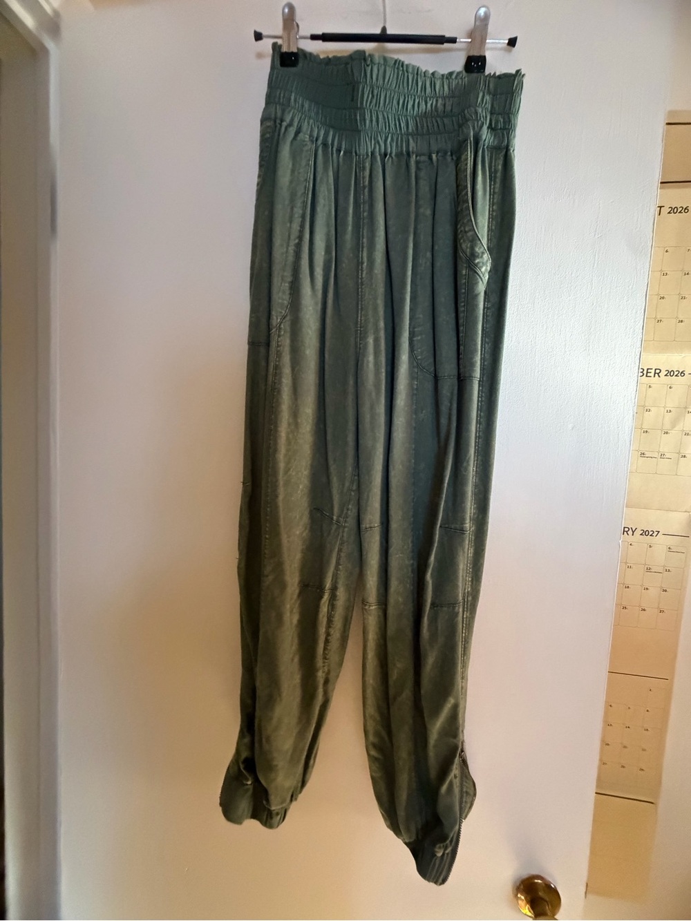 FP Movement by Free People Olive Green Wide-Leg Smocked Waist Pants